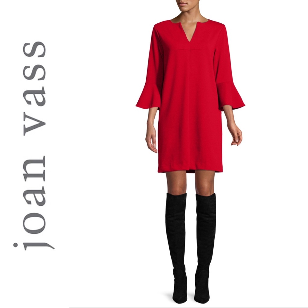 NEW~JOAN VASS~Bright Red 3/4 Bell Sleeve A-Line V-Neck Dress~XL~Holiday Gorgeous